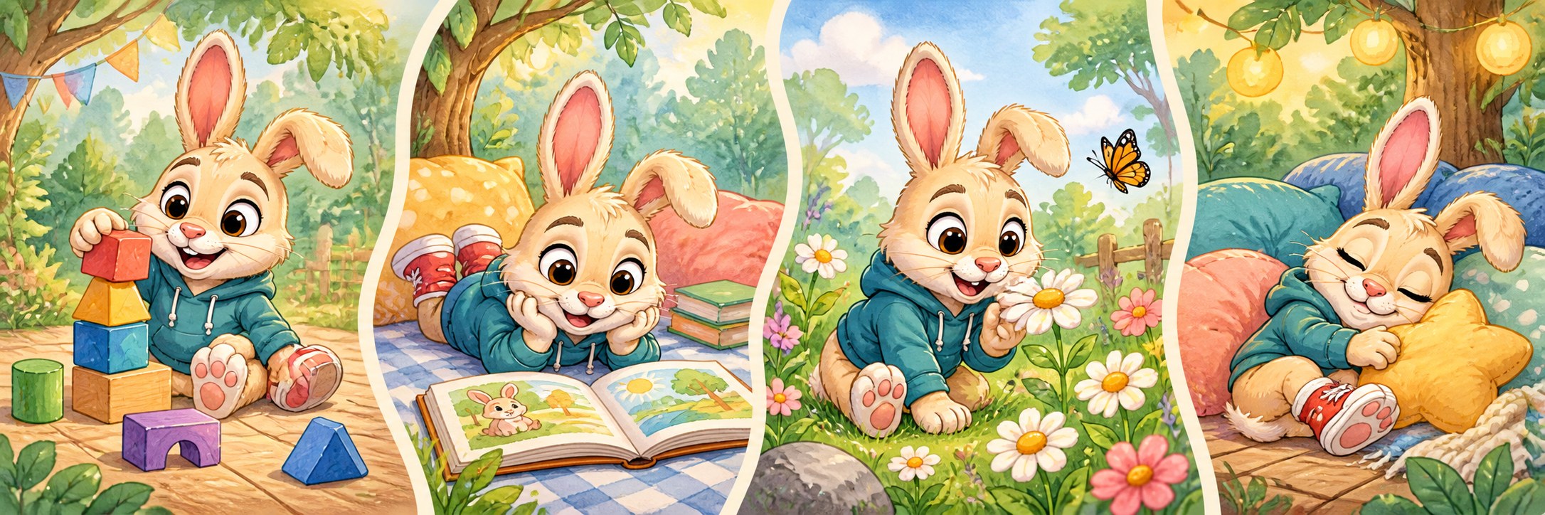 Four illustrated scenes with Habby